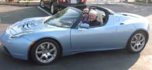 Jeff Sutherland taking a Tesla Roadster for a test drive
