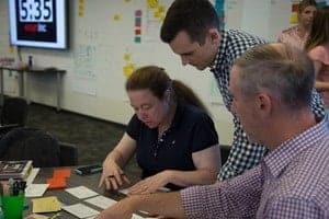 A group of people at a scrum master training working together on an exercise 