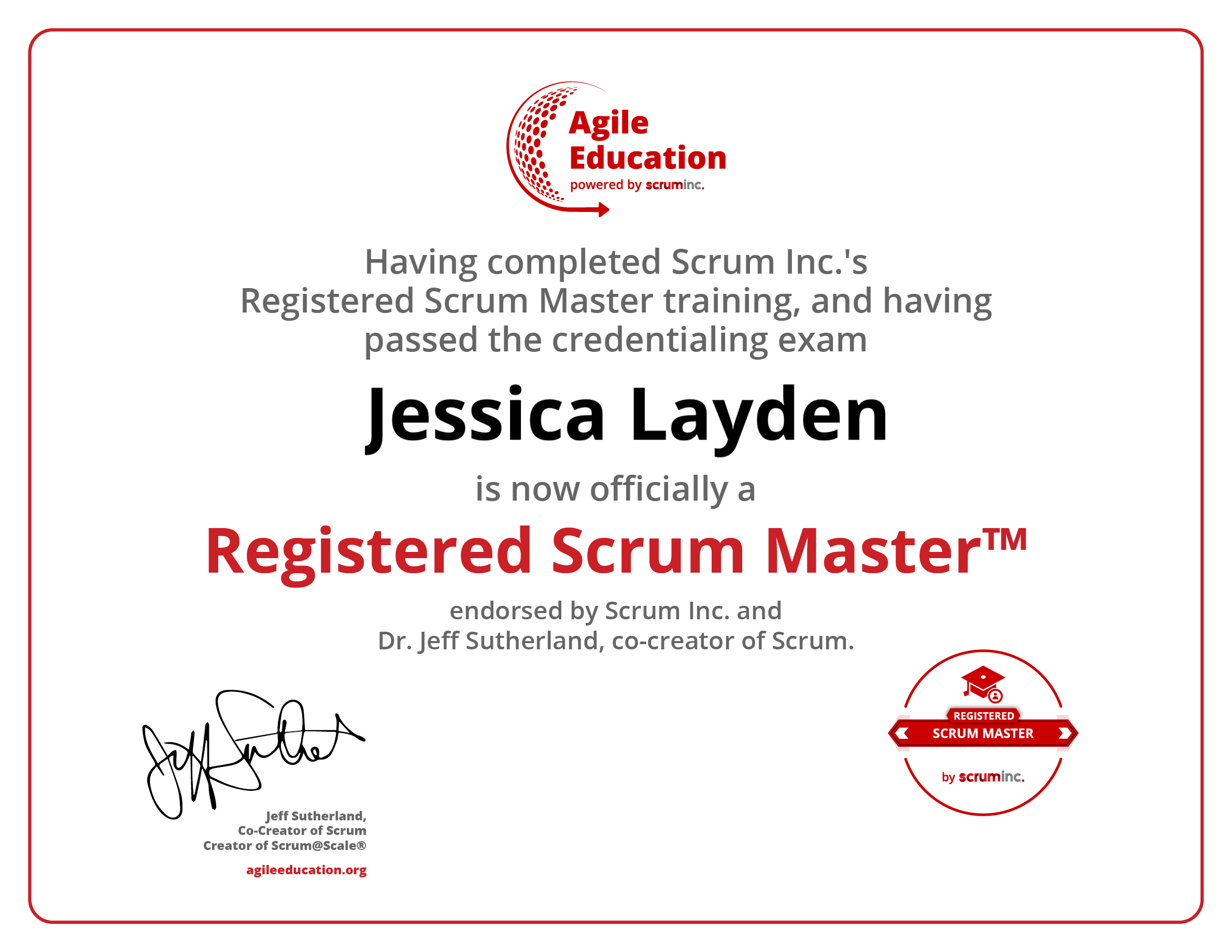 sample credential jessica layden scrum master