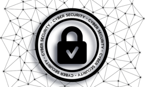 Illustration depicting cyber security with a lock in the center and a network in the background
