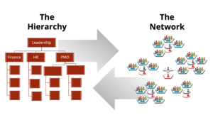 Graphic showing the two sides of the dual operating system - the hierarchy and the network