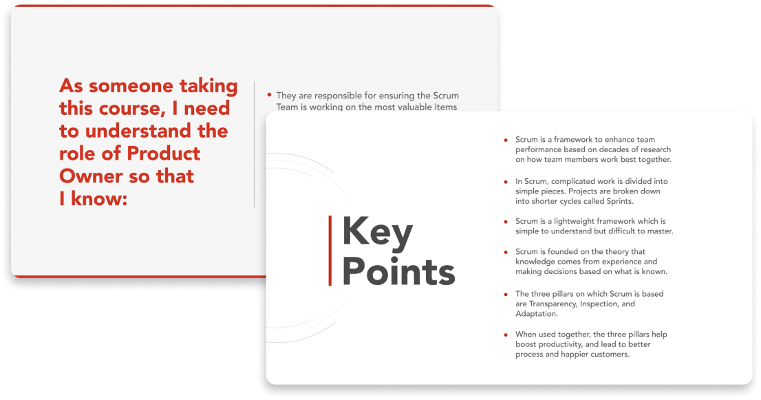 Image of the intro and key points slides that are featured in each lesson of the Scrum QuickStart course