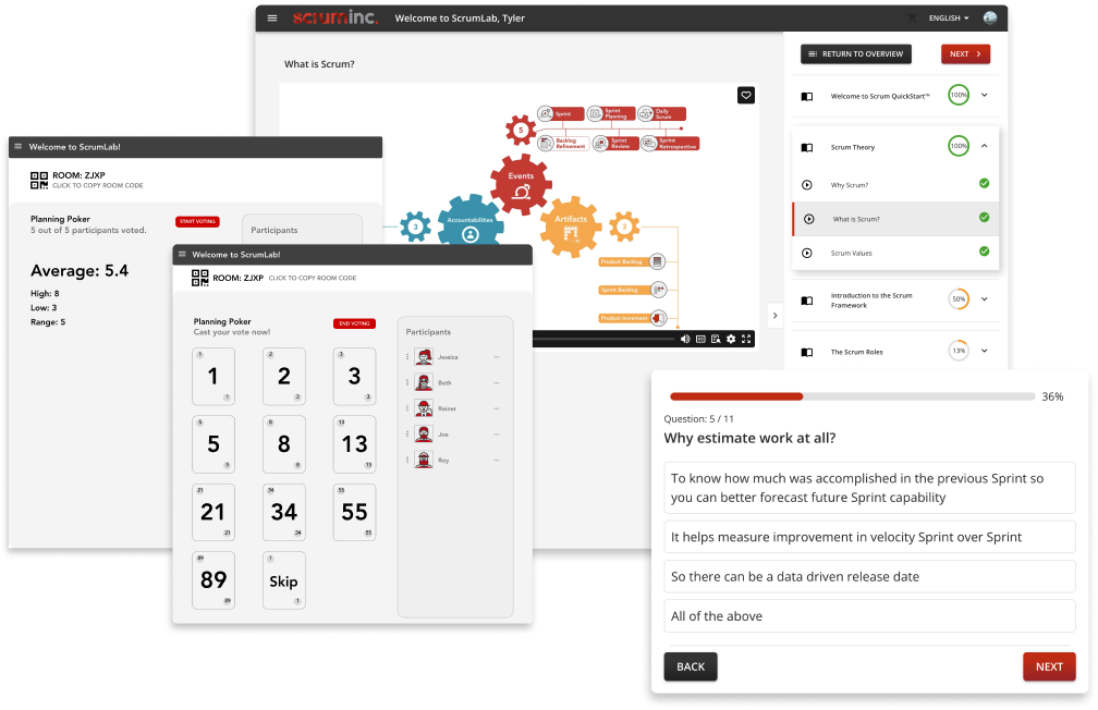 Example of all the different resources and tools available in the ScrumLab platform