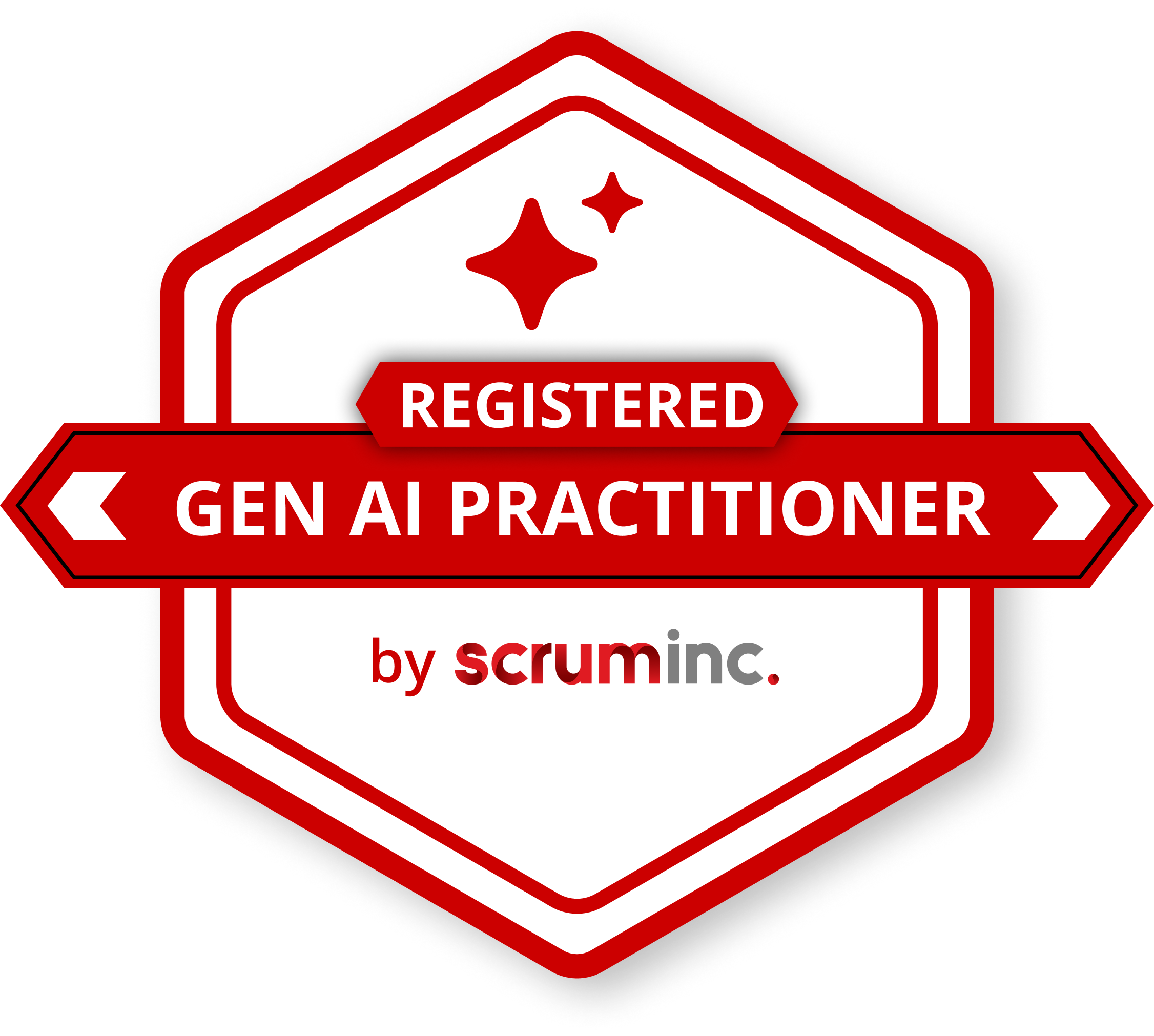 "Digital credential badge titled 'Registered Gen AI Practitioner by Scrum Inc.' in a red and white hexagonal design, symbolizing certification in generative AI skills