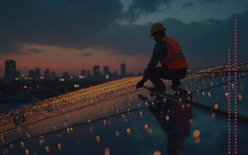 Construction worker in a safety vest and hard hat kneels on a reflective rooftop, installing string lights as the city skyline glows at dusk.