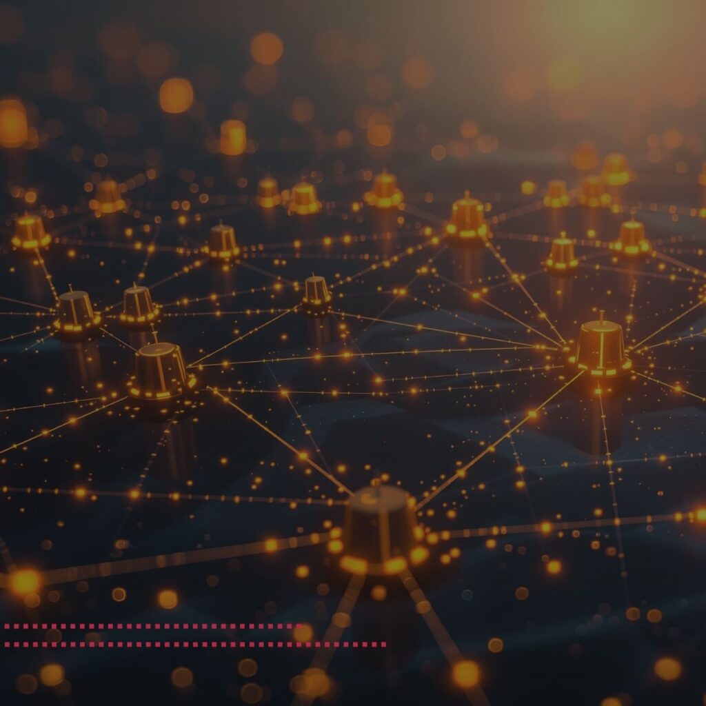 Abstract network of glowing orange nodes and connecting lines, representing a digital data mesh.