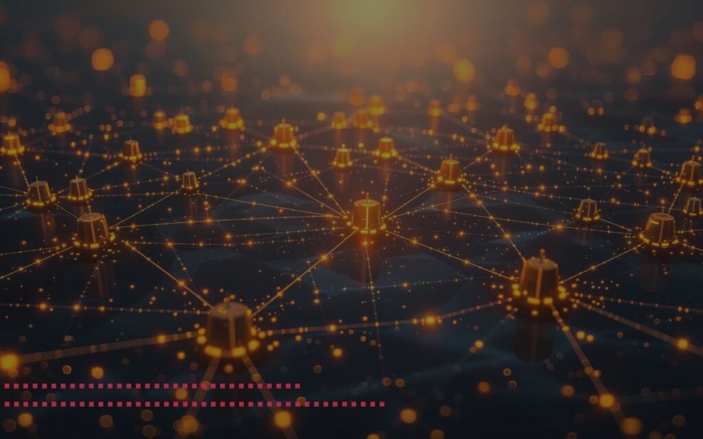 Abstract network of glowing orange nodes connected by lines, illustrating digital connectivity.