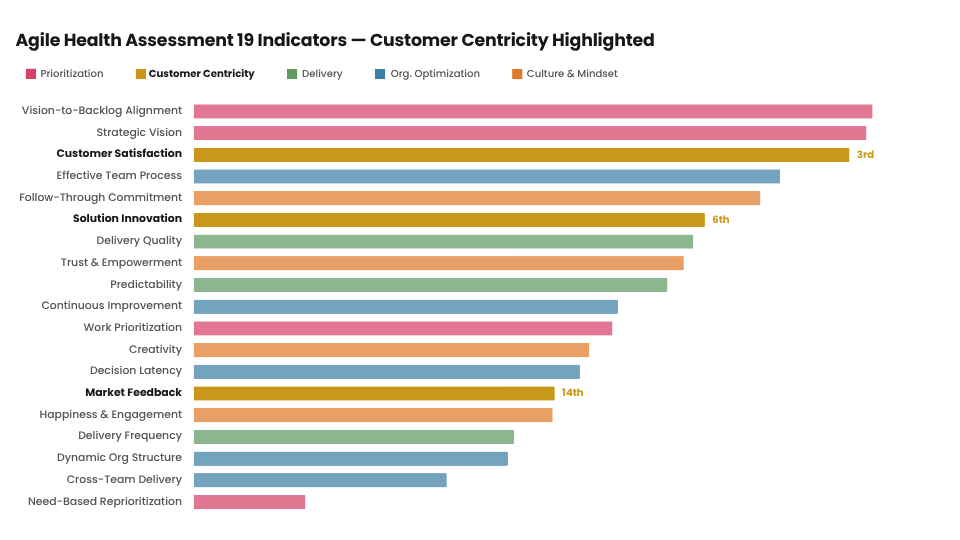 Bar chart ranking all 19 Agile Health Assessment indicators, with Customer Satisfaction highlighted in third place.