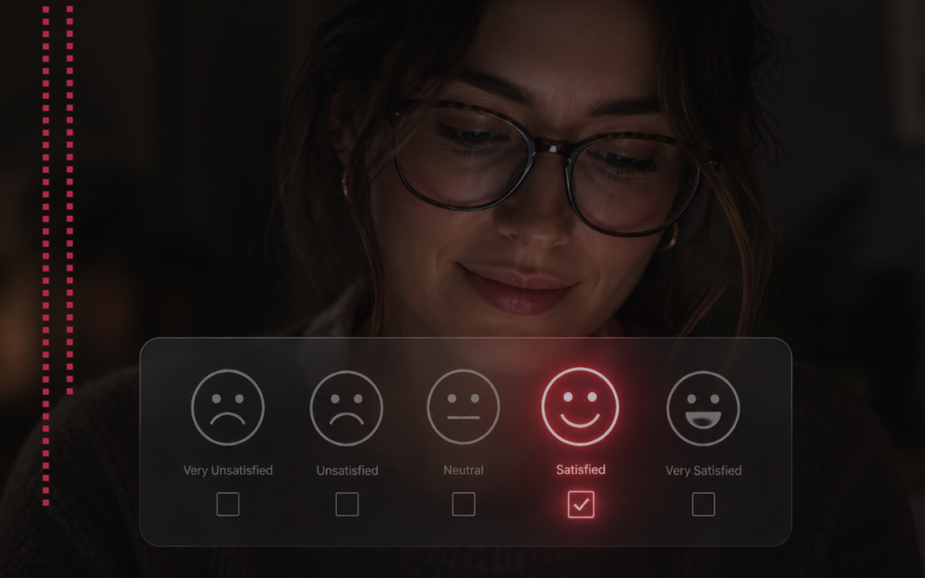 A woman with glasses smiling softly as a translucent rating panel appears, with the 'Satisfied' option highlighted and checked.