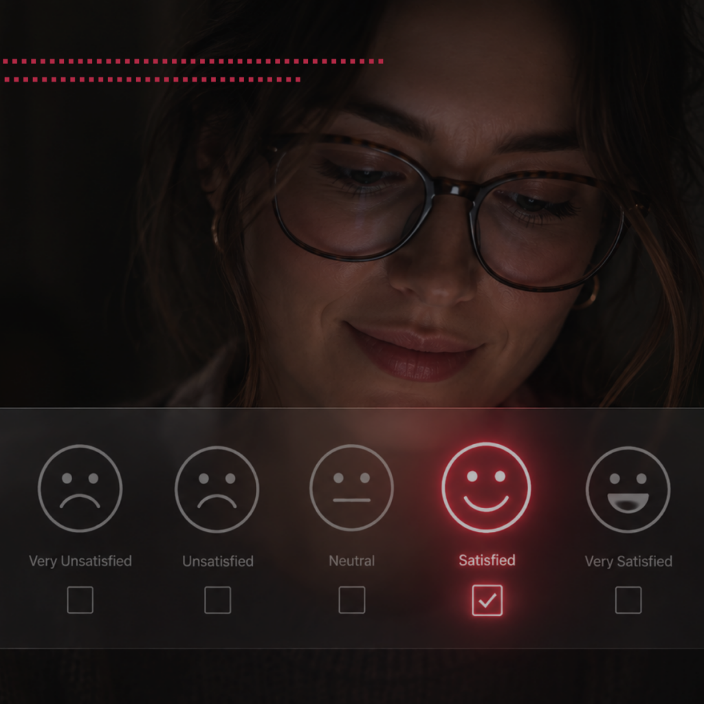 Close-up of a woman with glasses looking down; a five-face satisfaction poll below, with the 'Satisfied' option highlighted in red and checked.