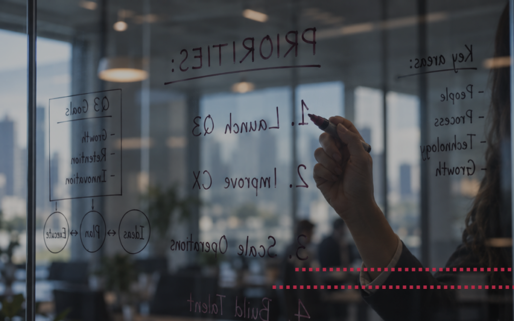A professional writes strategic priorities and goals on a glass wall in a modern office, with a city skyline visible in the background.