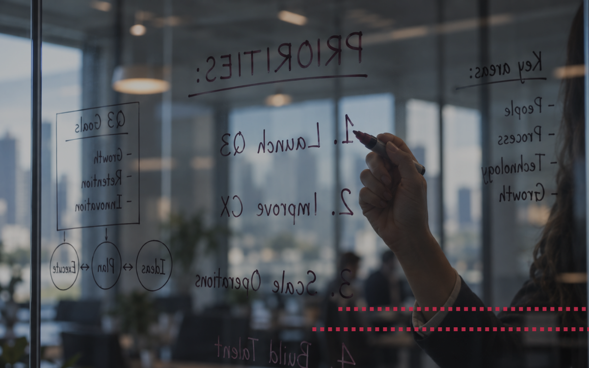 A professional writes strategic priorities and goals on a glass wall in a modern office, with a city skyline visible in the background.