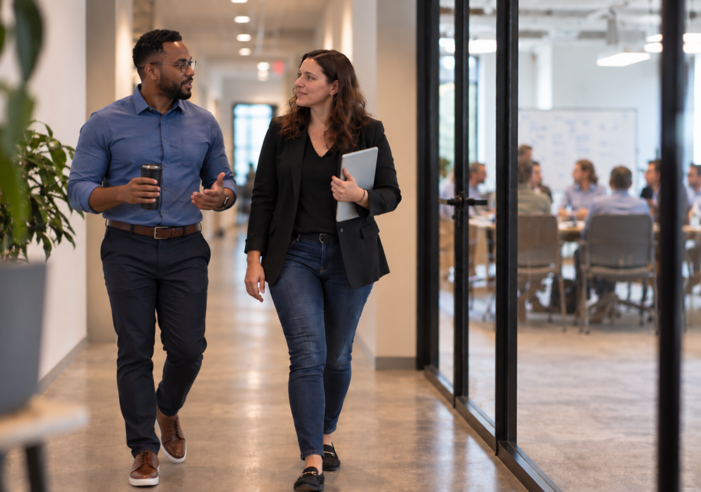 Two colleagues continuing a conversation while walking through a modern office after a group session.