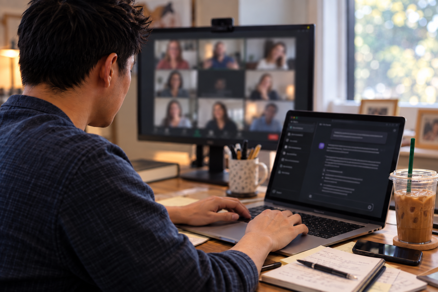 Professional working with a generative AI tool on a laptop while attending a live virtual training session.