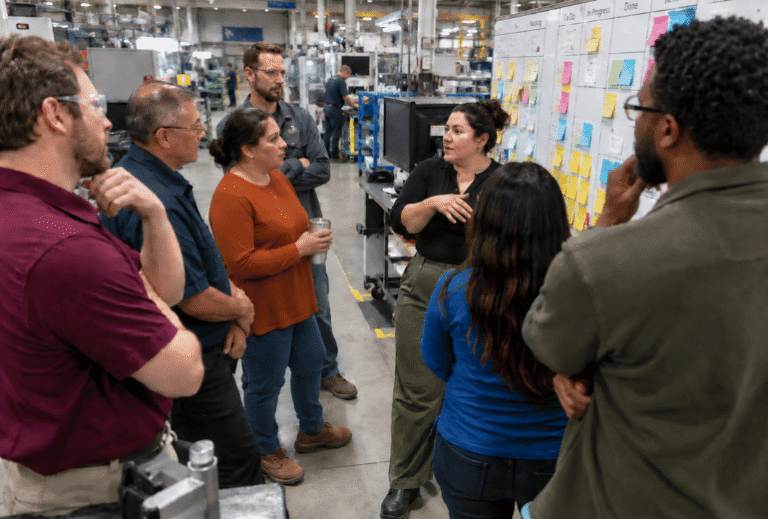 Cross-functional team discusses prioritized work around a visual workflow board on a manufacturing floor.