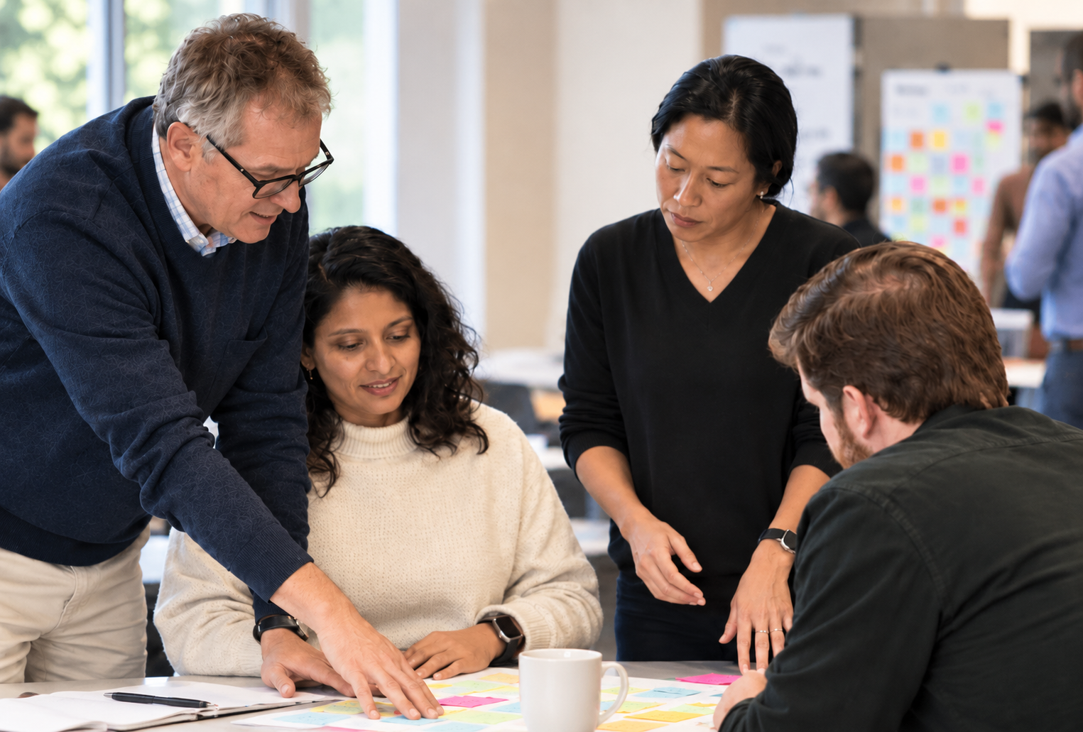 Four professionals collaborate around a table during a hands-on Scrum training exercise to prioritize the backlog.