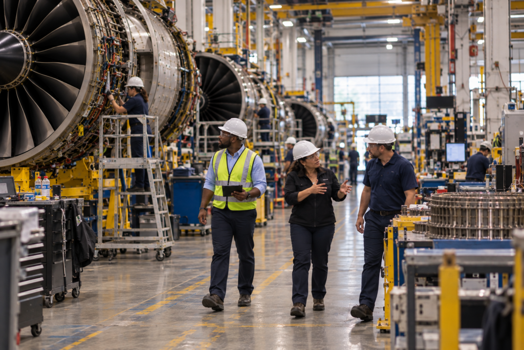 Three professionals in hard hats walk and talk through a busy aircraft engine manufacturing facility talking about product strategy. Surrounded by large jet engines, technicians, tools, and industrial equipment.