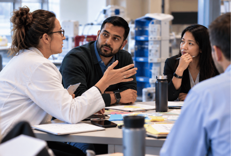 Cross-functional team discussing priorities and workflow at scale.