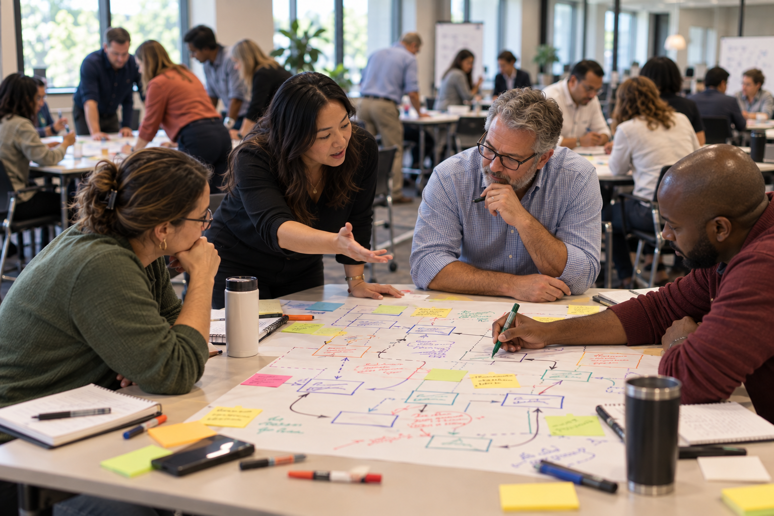 professionals collaborate around a table, mapping a value stream with handwritten notes, arrows, and sticky notes during a hands-on training session.