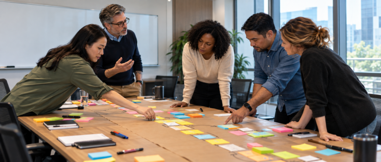 professionals collaborate around a table, building a physical value stream map with sticky notes and connecting concepts on the job that they learned during their RVSM training.