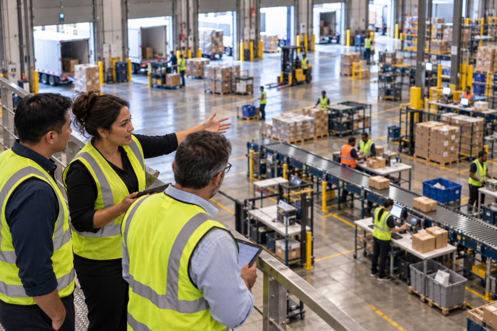 Three professionals in safety vests overlook a large distribution facility. An agile Leaders leads the discussion around operations and the flow of work across multiple teams.